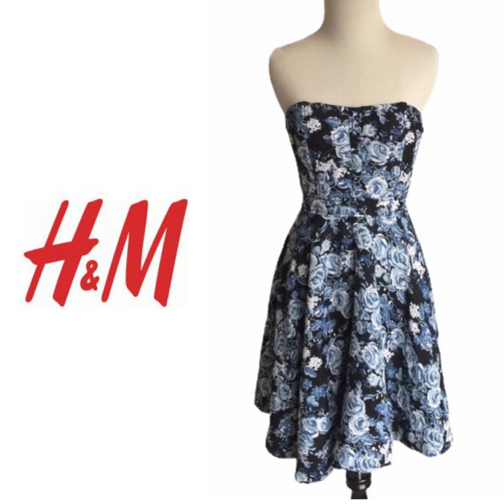 H&M Blue Roses Floral Strapless Dress